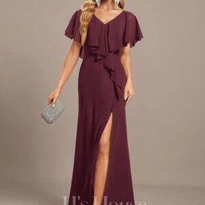 Trumpet/Mermaid V-Neck Floor Length Chiffon Evening Gown with Cascading Ruffles
